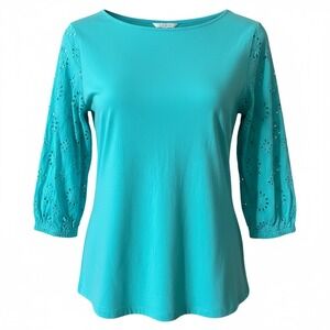 Belle Kim Gravel large Women's Turquoise Eyelet Sleeve 3/4 Sleeve Top